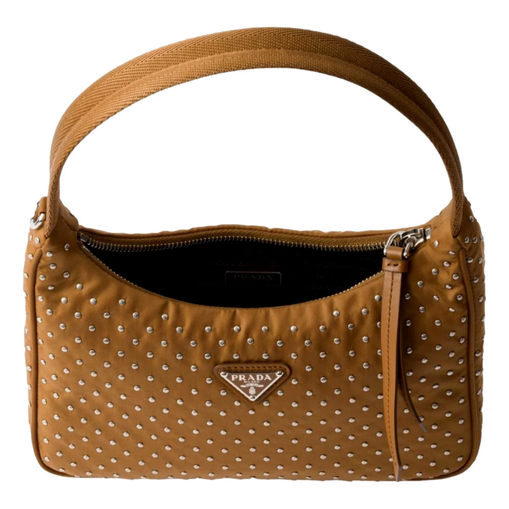Prada Re-Edition Studded Nylon Mini Shoulder Bag in Brown with Silver - Picture 1 of 5